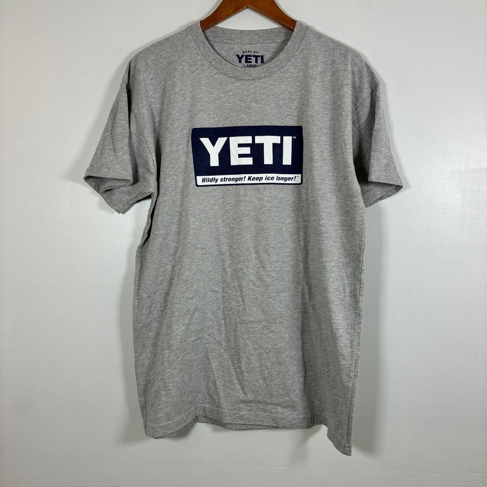 YETI T-Shirt L Gray Graphic Logo Short Sleeve Wildly Stronger Tee Gorp Outdoor